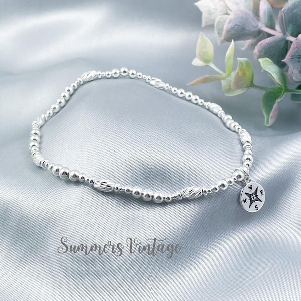 Luxury Sterling Silver Stretch Compass Anklet, Spiritual Dainty Beaded Boho Stacking Anklet, Summer Jewellery