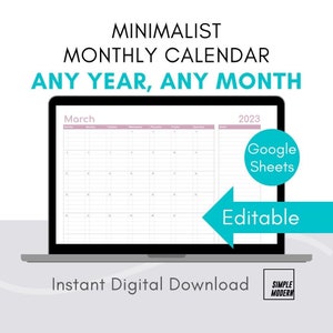 Año personalizado, mes Calendario mensual editable Imprimible, Calendario digital minimalista Plantilla sencilla de Google Sheets para cualquier año Mes seleccionado