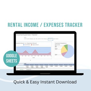 May include: A laptop screen displaying a Google Sheets spreadsheet with a chart titled "Income Amount vs. Expenses Amount" and a pie chart titled "Expenses Breakdown". The spreadsheet is titled "Income/Expenses Tracker" and includes the address "9345 Scottle Meade, Apt. 465, 04016-1248, Reitybury Maryland United States". The text "Quick & Easy Instant Download" is displayed below the laptop.