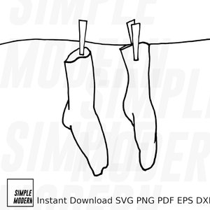 Socks on Clothesline Drawing, Hanging Laundry SVG, Digital Download, Vector Art Files for Cutting and Printable for Personal and Commercial