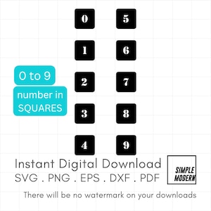 Arquivo SVG de números de 0 a 9, dígitos em quadrados, download digital instantâneo de números de 0 a 9 para corte ou impressão, clipart de números quadrados pretos sólidos