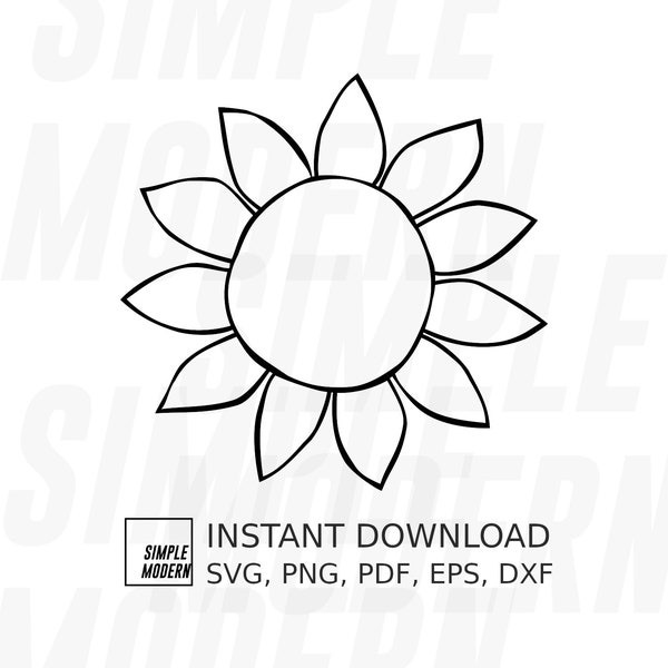 Hand Drawn Simple Outline Sunflower SVG Files, Instant Digital Download Vector Files, Large Floral png, Black and White Flower Clipart