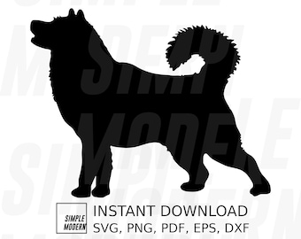 Puede incluir: Silueta negra de un perro husky de pie con la cola enroscada. La imagen tiene el texto "SIMPLE MODERN INSTANT DOWNLOAD SVG, PNG, PDF, EPS, DXF" debajo del perro.