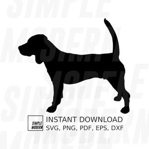 Può includere: Silhouette nera di un cane Bloodhound in piedi con la coda arrotolata. L'immagine ha il testo "SIMPLE MODERN INSTANT DOWNLOAD SVG, PNG, PDF, EPS, DXF" in basso.