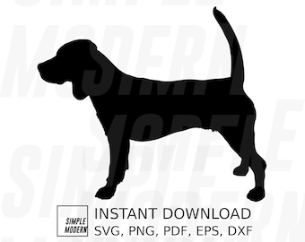 Puede incluir: Silueta negra de un perro Bloodhound de pie con la cola enroscada. La imagen tiene el texto "SIMPLE MODERN INSTANT DOWNLOAD SVG, PNG, PDF, EPS, DXF" en la parte inferior.