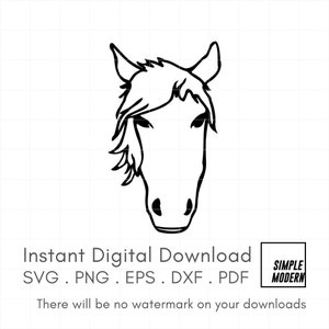 Fichiers SVG tête de cheval, ligne minimale pays Animal contour dessin fichier vectoriel pour la découpe et l'impression, téléchargement immédiat svg png pdf dxf eps