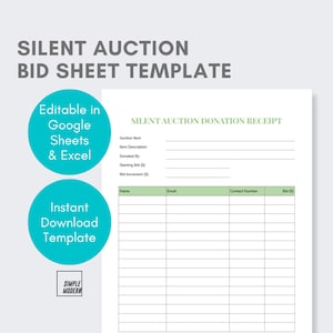 Può includere: Un modello di foglio di offerta per un'asta silenziosa stampabile in verde e blu. Il modello include sezioni per l'oggetto d'asta, la descrizione dell'oggetto, il donatore, l'offerta iniziale, l'incremento dell'offerta, il nome, l'e-mail, il numero di contatto e l'offerta. Il testo "Editable in Google Sheets & Excel" e "Instant Download Template" è incluso.