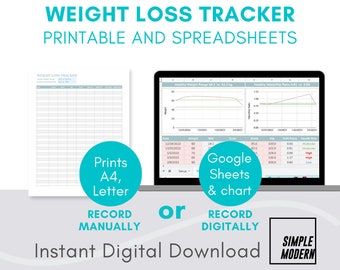 Weight Loss Tracker Google Sheets Spreadsheet, Instant Digital Download, A4 and US Letter Printable Template, BMI and Waist to Hip Ratio