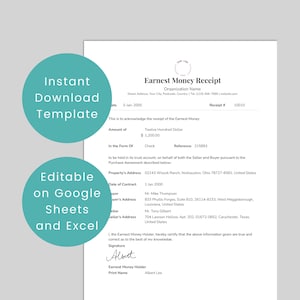 Earnest Money, Deposit Receipt Template Download, A4, US Letter Size, Fully Editable in Excel and Google Sheets, Simple Stylish Template