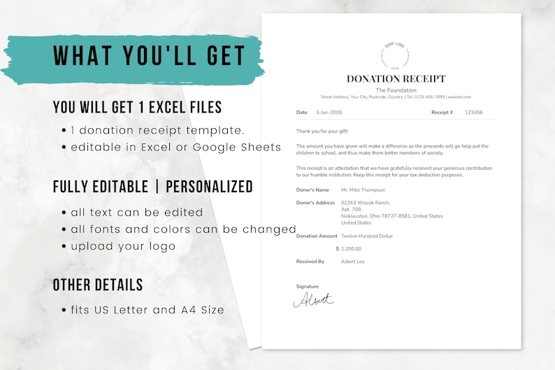 May include: A black and white donation receipt template for a foundation. The template is fully editable and can be personalized with text, fonts, colors, and a logo. It is sized to fit US Letter and A4 paper.