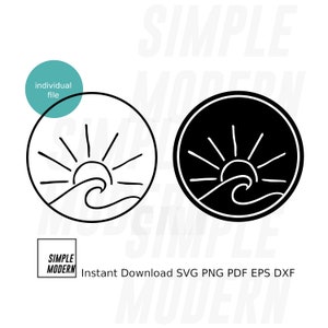 Hand-drawn Sun Wave SVG in a Round Border, Simple and Clean Line Drawing, Instant Download Ocean Waves Cut File, Personal and Commercial Use