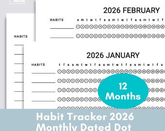 2026 Monthly Habit Tracker Printable, 12 Month Pages Dated Dots Each Day, 10 Habit Rows, Minimalist Planner, Instant Download PDF SVG PNG