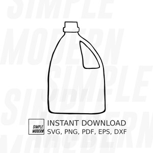Peut inclure: Un dessin au trait noir et blanc d'un bidon en plastique avec une poignée. L'image comprend le texte "TÉLÉCHARGEMENT INSTANTANÉ" et les options de type de fichier : SVG, PNG, PDF, EPS, DXF. Le design est étiqueté "SIMPLE MODERNE".