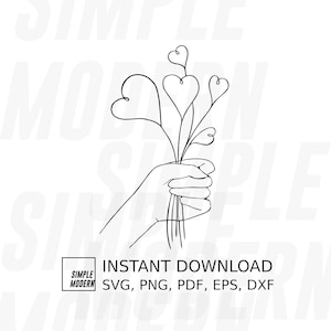 Handgezeichnetes Blumenherz SVG, Illustration, Vektordateien, druckbare Wandkunst, DIGITALER DOWNLOAD Valentinstag Blumenstrauß in der Hand niedliche Zeichnung