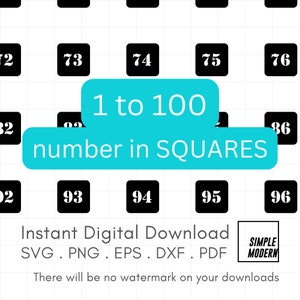 1 tot 100 nummer SVG, cijfers in vierkanten, instant digitale download nummer 1-100 voor snijden of afdrukken voor persoonlijke en commerciële producten