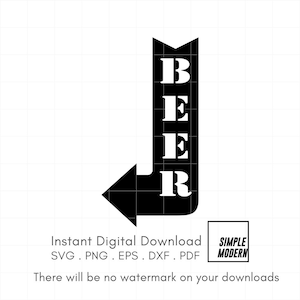 Signe de la bière flèche fichiers SVG pour la découpe et l'impression, Simple Style vintage Pub Directions Signes de la bière ici, fichier vectoriel de bière à téléchargement immédiat