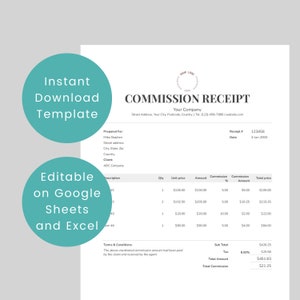 Descarga de plantilla de recibo de comisión, A4, tamaño carta de EE. UU., fácil de editar en Excel y Google Sheets, plantilla simple para agente de ventas, corredor