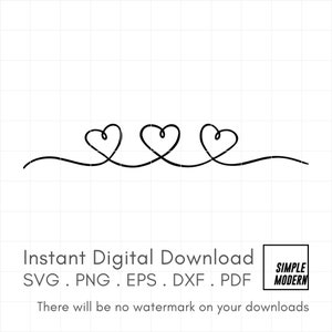 Handgetekende Triple Heart SVG-bestand voor snijden en afdrukken, Instant Download vectorkunst, 3 harten aan doorlopende string, Love Heart Swirl SVG