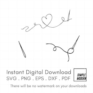 May include: Black line art illustrations of sewing needles, thread, and a heart shape on a white background. The image includes the text "Instant Digital Download" and file type options. A "Simple Modern" logo is in the corner.