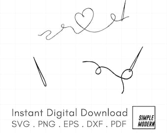 Hand Drawn Thread and Needle SVG, Simple Sewing Line Drawing, Instant Download Vector Art, Digital Image for Commercial Use, png dxf pdf eps