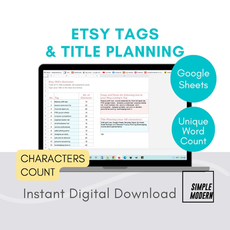 K&ouml;nnte beinhalten: Der Bildschirm eines Laptops zeigt eine Google Sheets-Tabelle mit einer Liste von Etsy-Tags und deren Zeichenanzahl. Die Tabelle ist mit "Etsy TAG's Generator" betitelt. Der Text "Characters Count" und "Instant Digital Download" wird auf dem Laptop-Bildschirm angezeigt. Das Bild enth&auml;lt auch einen blauen Kreis mit dem Text "Google Sheets" und einen gelben Kreis mit dem Text "Unique Word Count".
