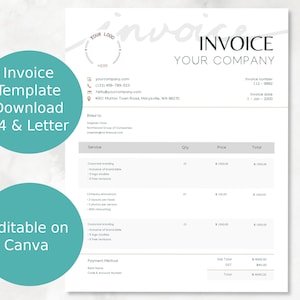 May include: A white and grey invoice template with the text "INVOICE YOUR COMPANY" at the top. The template includes sections for service, quantity, price, and total. The template is editable on Canva and can be downloaded in A4 and letter sizes.