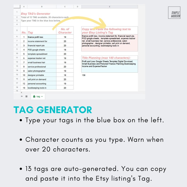 K&ouml;nnte beinhalten: Eine Tabellenkalkulation mit einem blauen Feld zum Eingeben von Tags. Die Tabellenkalkulation ist mit "Etsy TAG's Generator" beschriftet und enth&auml;lt eine Liste von 13 Tags mit ihren Zeichenanzahlen. Der Text "Kopieren Sie den folgenden Text und f&uuml;gen Sie ihn in das Etsy-Listing-Tag ein" ist ebenfalls enthalten. Die Tabellenkalkulation ist mit "TAG GENERATOR" beschriftet und enth&auml;lt drei Aufz&auml;hlungspunkte: "Geben Sie Ihre Tags in das blaue Feld links ein", "Die Zeichenanzahl wird w&auml;hrend der Eingabe gez&auml;hlt. Warnung, wenn mehr als 20 Zeichen verwendet werden", und "13 Tags werden automatisch generiert. Sie k&ouml;nnen sie kopieren und in das Etsy-Listing-Tag einf&uuml;gen."