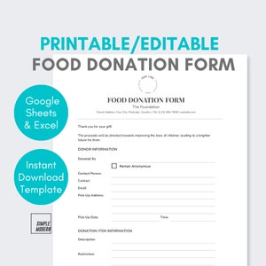 Food Donation Form Template Printable Editable in Excel and Google Sheets, Instant Download for Non-Profit Charity Organization or Food Bank