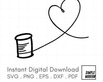 May include: A black and white line drawing of a heart with a string attached to a spool of thread. The heart is drawn with a single continuous line.