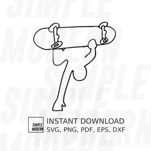 May include: Line art illustration of a person holding a skateboard above their head. The text "INSTANT DOWNLOAD SVG, PNG, PDF, EPS, DXF" is below the image.