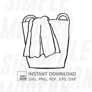 May include: A black and white line drawing of a laundry basket with a towel hanging over the edge. The text "INSTANT DOWNLOAD SVG, PNG, PDF, EPS, DXF" is below the image.
