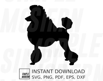 Puede incluir: Silueta negra de un caniche. La imagen incluye el texto "SIMPLE MODERN INSTANT DOWNLOAD SVG, PNG, PDF, EPS, DXF".