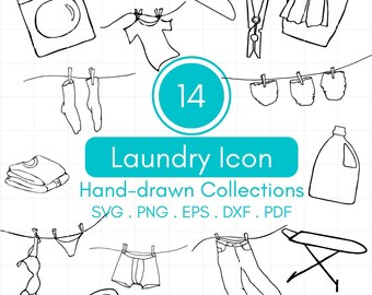 Laundry Icon SVG Bundle, 14 Hand-Drawn Clothesline, Washing Machine, Iron, Detergent, Laundry Room Clipart png pdf eps dxf, Cutting Files