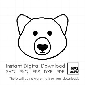 Fichiers SVG visage d'ours, fichier vectoriel de dessin ours contour Simple pour la découpe et l'impression, téléchargement immédiat de la faune mignon png pdf dxf eps