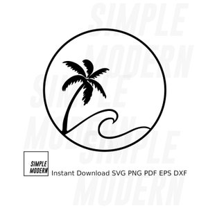 Wave Sun Palm SVG Archivo para Cricut, Descarga instantánea de archivos vectoriales png eps dxf pdf, Line Art Drawing Palm Tree, Sun and Ocean Wave Logo Icon