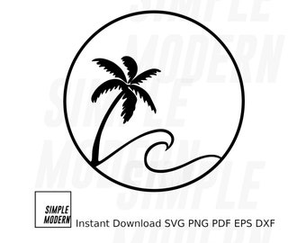Wave Sun Palm SVG File for Cricut, Instant Download Vector File png eps dxf pdf, Line Art Drawing Palm Tree, Sun and Ocean Wave Logo Icon