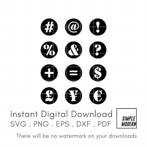 May include: A set of 12 black and white circle icons featuring various symbols, including #, @, !, %, &, ?, +, =, $, £, ¥, and €. The icons are arranged in a grid pattern. Instant Digital Download SVG. PNG. EPS. DXF. PDF. There will be no watermark on your downloads.