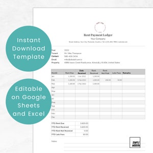 Descarga de plantilla de libro mayor de pago de alquiler, A4, tamaño carta de EE. UU., editable en Excel y Google Sheets, seguimiento de registros mensuales anuales con total YTD