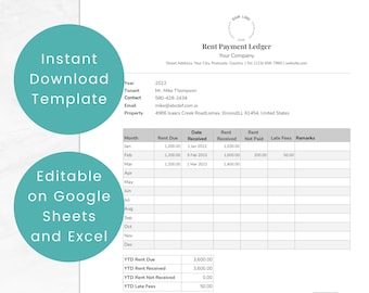 Rent Payment Ledger Template Download, A4, US Letter Size, Editable in Excel and Google Sheets, Annual Monthly Record Tracker with YTD Total