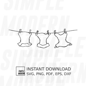 Könnte beinhalten: Linienzeichnung von drei Babywindeln, die an einer Wäscheleine mit Wäscheklammern hängen. Der Text "SIMPLE MODERN INSTANT DOWNLOAD SVG, PNG, PDF, EPS, DXF" befindet sich unter dem Bild.