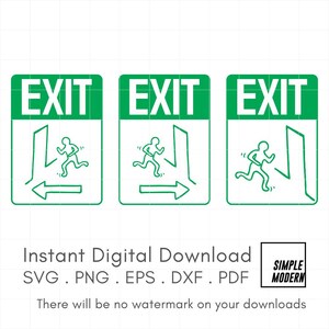 Conjunto de 3 designs de placas de saída desenhadas à mão, sinalização direcional de saída de incêndio de emergência, download digital instantâneo de arquivos SVG para corte e impressão
