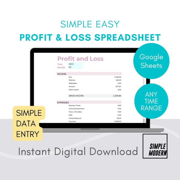 Simple Profit and Loss Google Sheets Template Digital Download, Income and Expense Tracker, Small Business and Personal Finance Spreadsheet