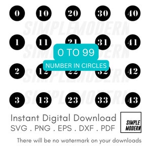 May include: Black and white digital download of numbers 0 to 43 in circles. The text "0 to 99" and "Number in Circles" is also included.