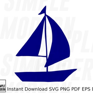 Silhouette de voilier, fichiers SVG nautiques, bateau dessin vectoriel en téléchargement numérique instantané, fichiers de coupe de voile bleu marine et clipart imprimable