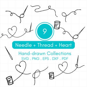 Puede incluir: Ilustraciones dibujadas a mano de agujas, hilo y formas de corazón. El diseño incluye carretes de hilo y el texto "Needle + Thread + Heart" y "Hand-drawn Collections" con opciones de tipo de archivo.