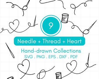 Hand Drawn Spool of Thread with Heart and Needle SVG Bundle, Simple Minimalist Line Art Set, Instant Download Files for Cutting and Printing