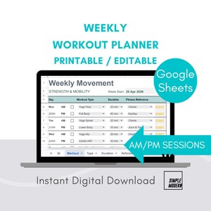 May include: A laptop displays a weekly workout planner with a spreadsheet interface. The screen shows a schedule with workout types, durations, and references. Text includes "Weekly Workout Planner," "Printable / Editable," and "Instant Digital Download."