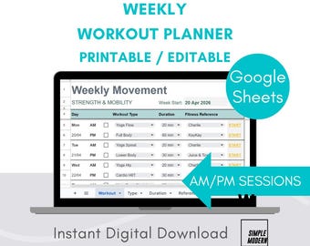 Weekly Workout Calendar Template, Daily Exercise Tracker, Google Sheets Spreadsheet (Instant Download) for Home Fitness Planner, Editable