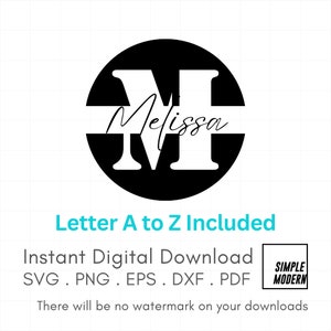 Gesplitste alfabetten monogram SVG-bestand om te snijden, bundel 26 letters A tot Z, afdrukbare PNG-clipart, initiaal achternaam in effen ronde cirkel