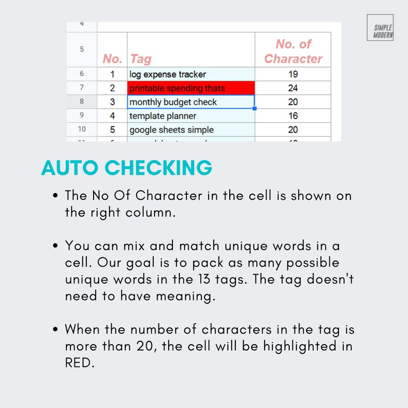 K&ouml;nnte beinhalten: Eine Tabelle mit zwei Spalten, eine mit der Bezeichnung "No. Tag" und die andere mit der Bezeichnung "No. of Character". Die Tabelle listet f&uuml;nf Tags f&uuml;r einen Budgetplaner auf, darunter "log expense tracker", "printable spending thats", "monthly budget check", "template planner" und "google sheets simple". Die Anzahl der Zeichen in jedem Tag ist in der zweiten Spalte aufgef&uuml;hrt. Die Zelle, die den Tag "monthly budget check" enth&auml;lt, ist rot hervorgehoben.